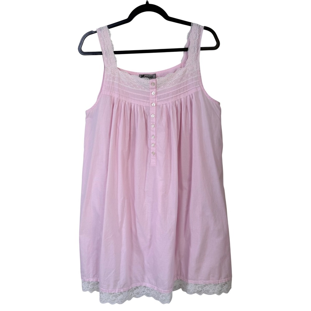 Marisol Pink Cotton Lace Trim Babydoll Nightgown Chemise Sleepwear Dress Medium